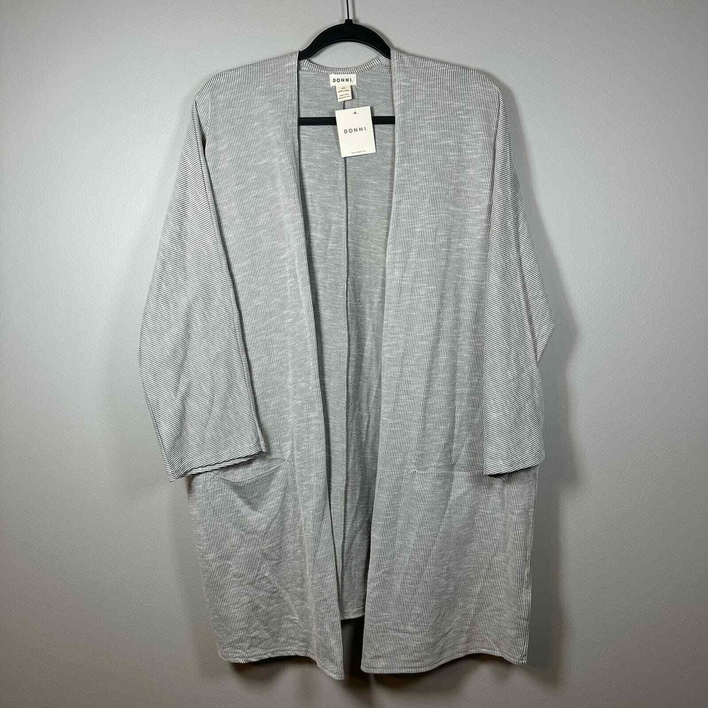 NWT DONNI. One Size Gray Ribbed Sandwash Open Cardigan Sweater Pockets